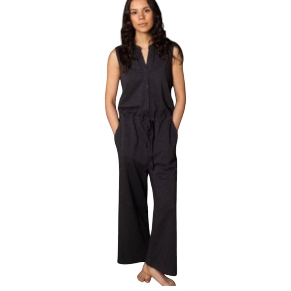 Leallo Polly Sleeveless Cropped Slub Knit Jumpsuit in Black Minimalist Women's S